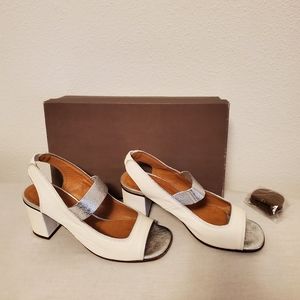 Chie Mihara silver and white chunky heel